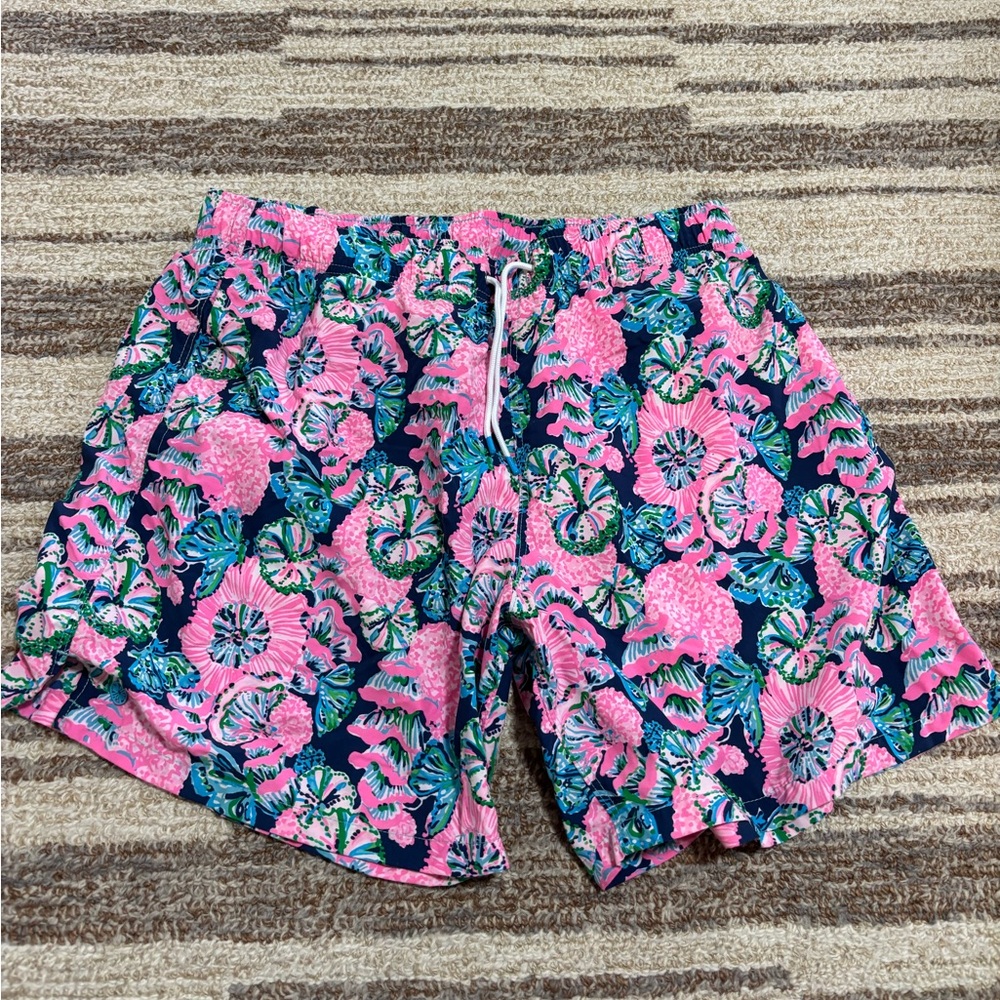 Lilly Pulitzer Pink and Blue Floral Swim Trunks